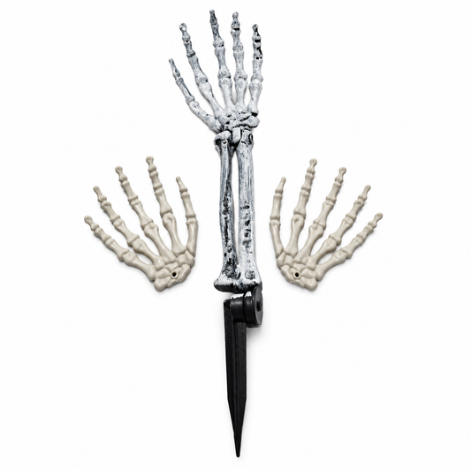 Give Us a Hand: one weathered skeletal arm with ground spike and two separate off-white hand pieces on white; background edited from the actual product photograph.