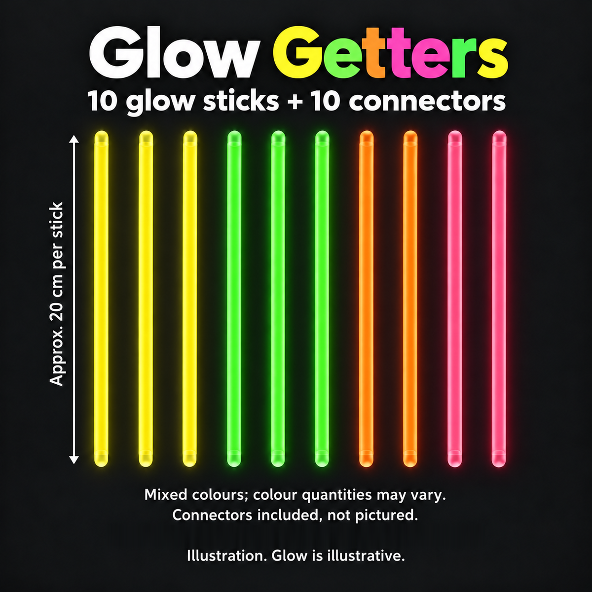 Illustrated Glow Getters guide showing ten straight glow sticks and an approximate 20 cm length per stick. Ten connectors are supplied but not pictured. Mixed colours and colour quantities vary; glow is illustrative.