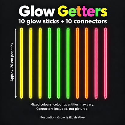 Illustrated Glow Getters guide showing ten straight glow sticks and an approximate 20 cm length per stick. Ten connectors are supplied but not pictured. Mixed colours and colour quantities vary; glow is illustrative.