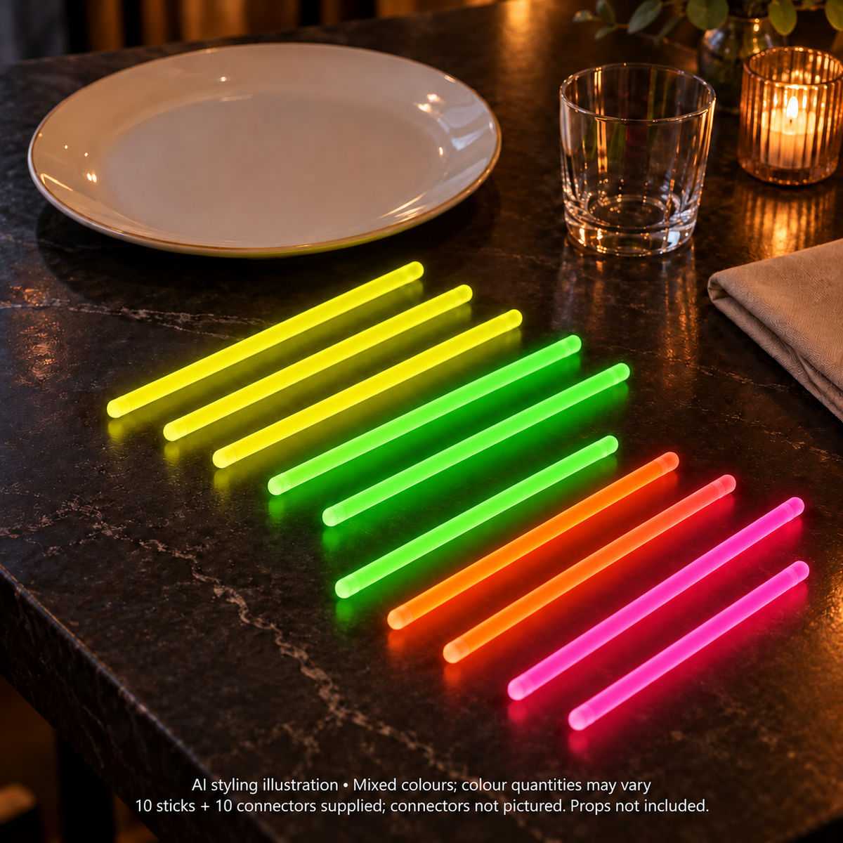 AI tabletop styling illustration showing ten straight Glow Getters sticks beside ordinary tableware. Ten connectors supplied but not pictured. Mixed colours and colour quantities may vary; displayed colours and glow are illustrative. Props are not included.