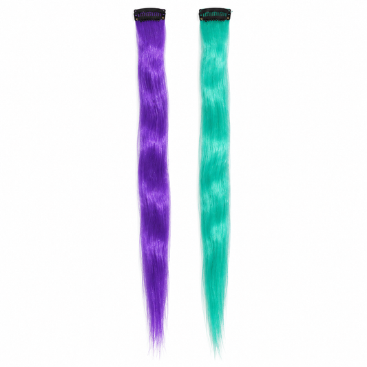 Two mixed-colour clip-in hair extensions on white; turquoise and purple are an example pair and supplied colours may vary.