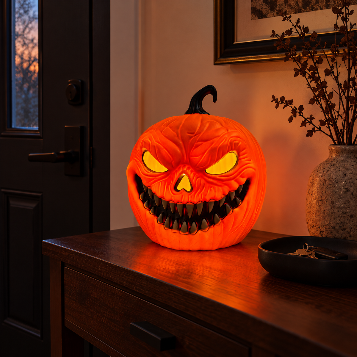 Grin & Scare It — sharp-teeth LED pumpkin lantern; illustrative styled product scene; background props not included