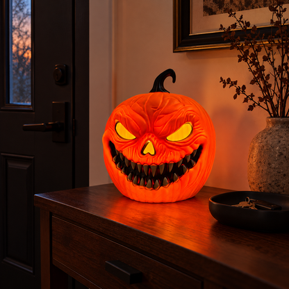 Grin & Scare It — sharp-teeth LED pumpkin lantern; illustrative styled product scene; background props not included