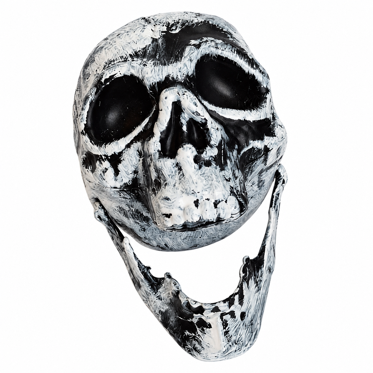 Heads Will Turn on a white background. One mottled white/black decorative skull head with open lower jaw. Product-image background edited from source photograph; no dimensions or scene props.