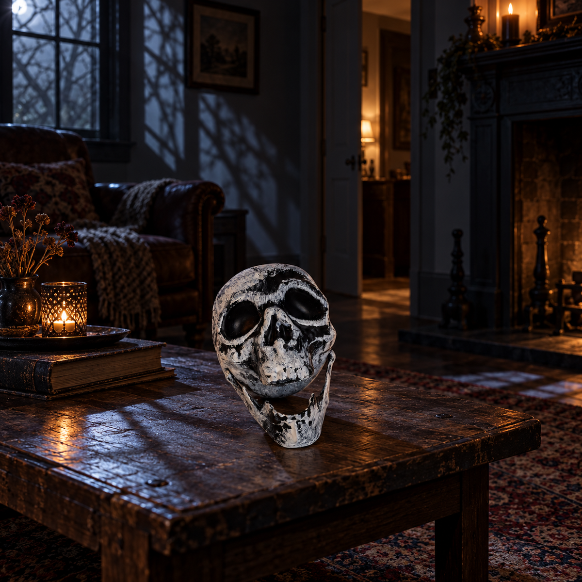 Heads Will Turn decorative skull head in an AI-styled dark sitting-room scene. Scene scale is illustrative; furniture and other props are not included.