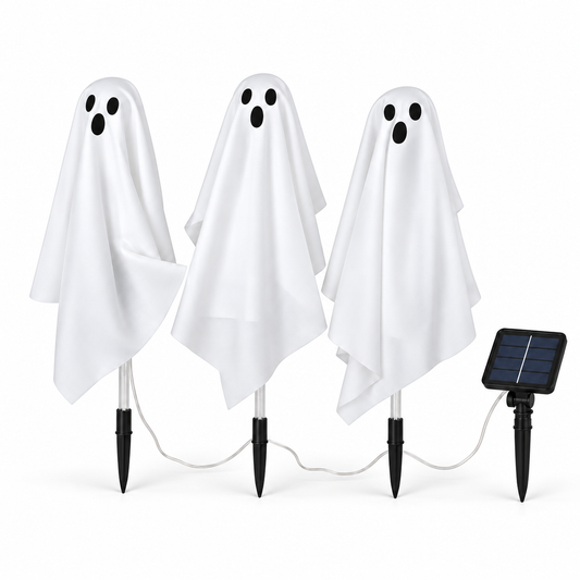 AI-edited white-background product illustration of Here Comes the Boo: three ghost stake lights and solar panel; wiring arrangement is illustrative.