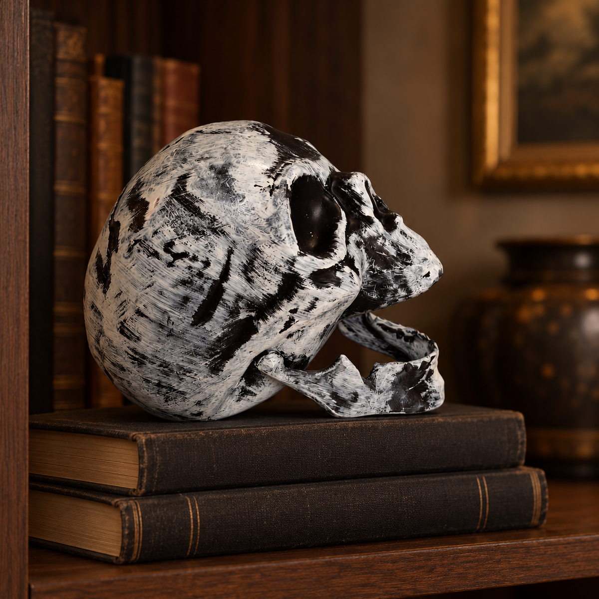 Heads Will Turn — decorative skull head; illustrative styled product scene; background props not included