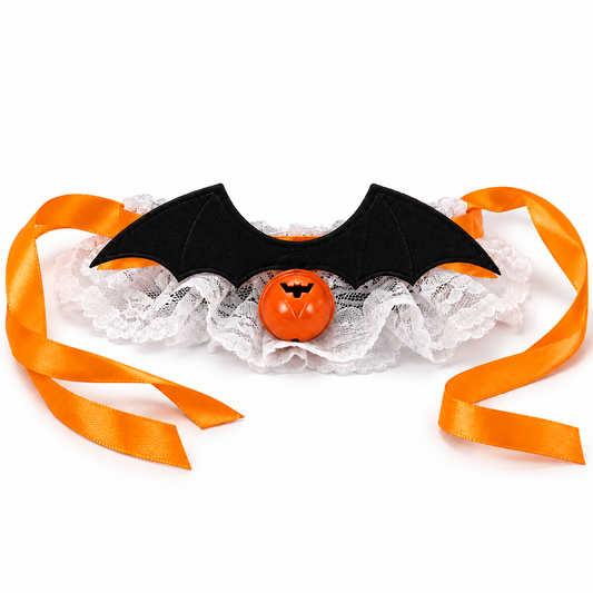 White-background product illustration of one Howl-o-ween Bat-Wing Bow Collar in Bell Type style.