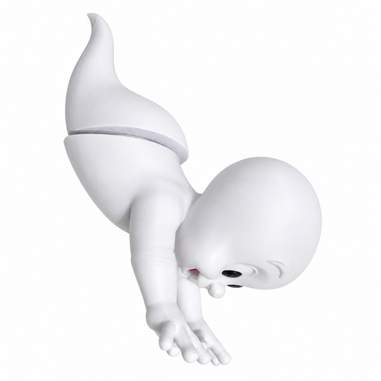 Let Me In on a white background. One adhesive 3D white ghost decoration (head/arms front with curved tail component). Product-image background edited from source photograph; no dimensions or scene props.