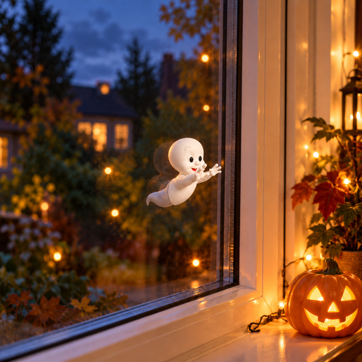 AI-styled Halloween window scene of the two-part Let Me In ghost facing upwards through glass. One ghost decoration supplied; pumpkin, lights and other scenery are not included.