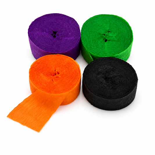 Let’s Unravel on a white background. Four crepe-paper rolls, example orange/purple/green/black, 4.5 cm × 10 m each. Existing product illustration.