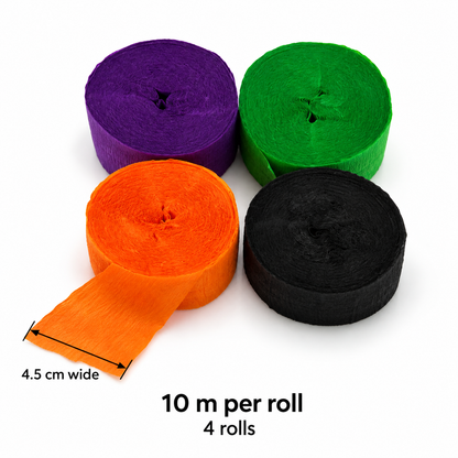 Cleaned product image of four crepe-paper rolls in orange, purple, green and black, with a size guide showing 4.5 cm width and 10 m per roll.