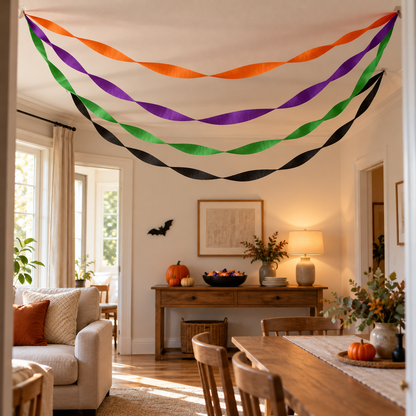 Illustrative styling of orange, purple, green and black crepe-paper streamers twisted into ceiling swags in a Halloween room; other décor and props are not included.