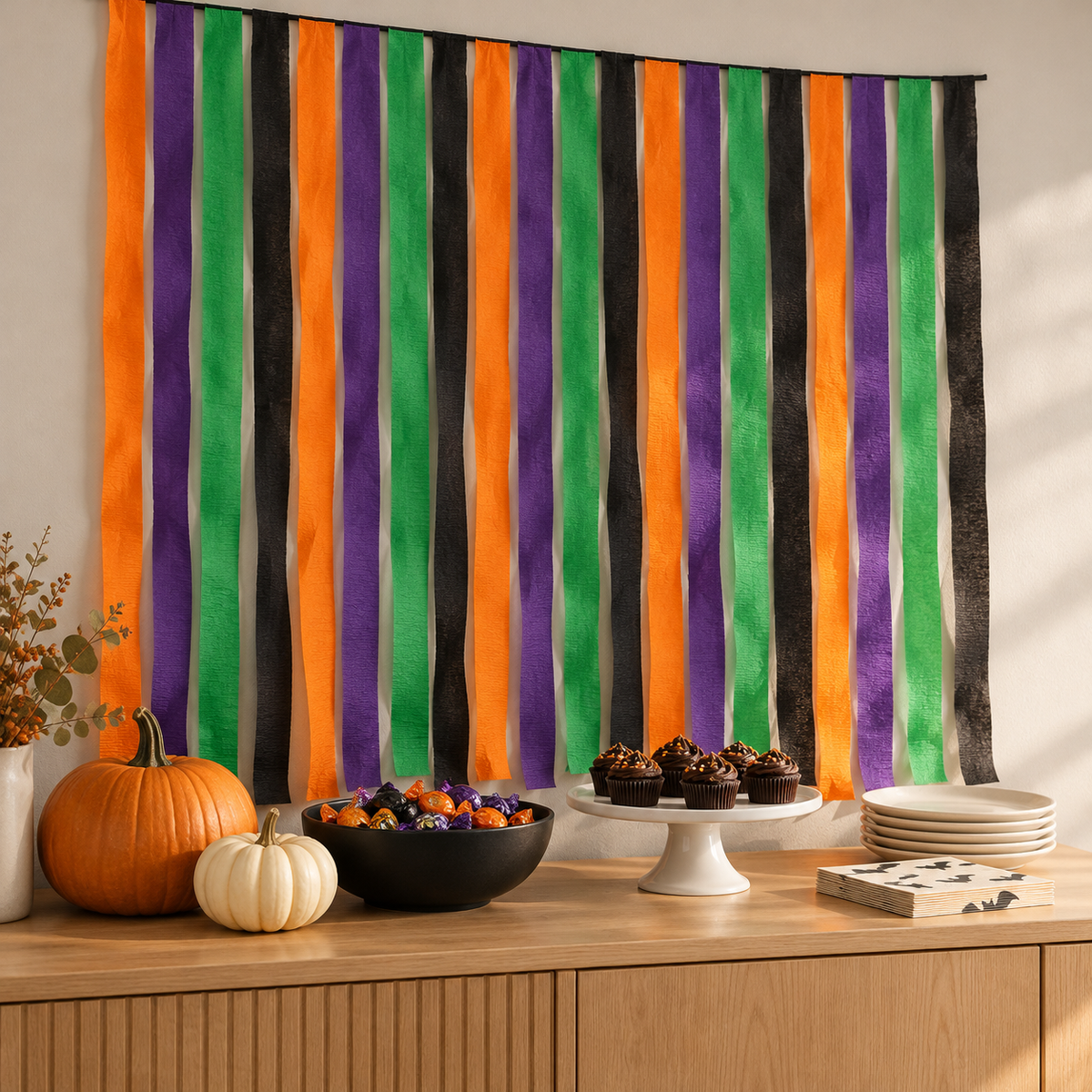 Illustrative styling of orange, purple, green and black crepe-paper strips forming a fringe backdrop above a Halloween treat table; other décor and props are not included.