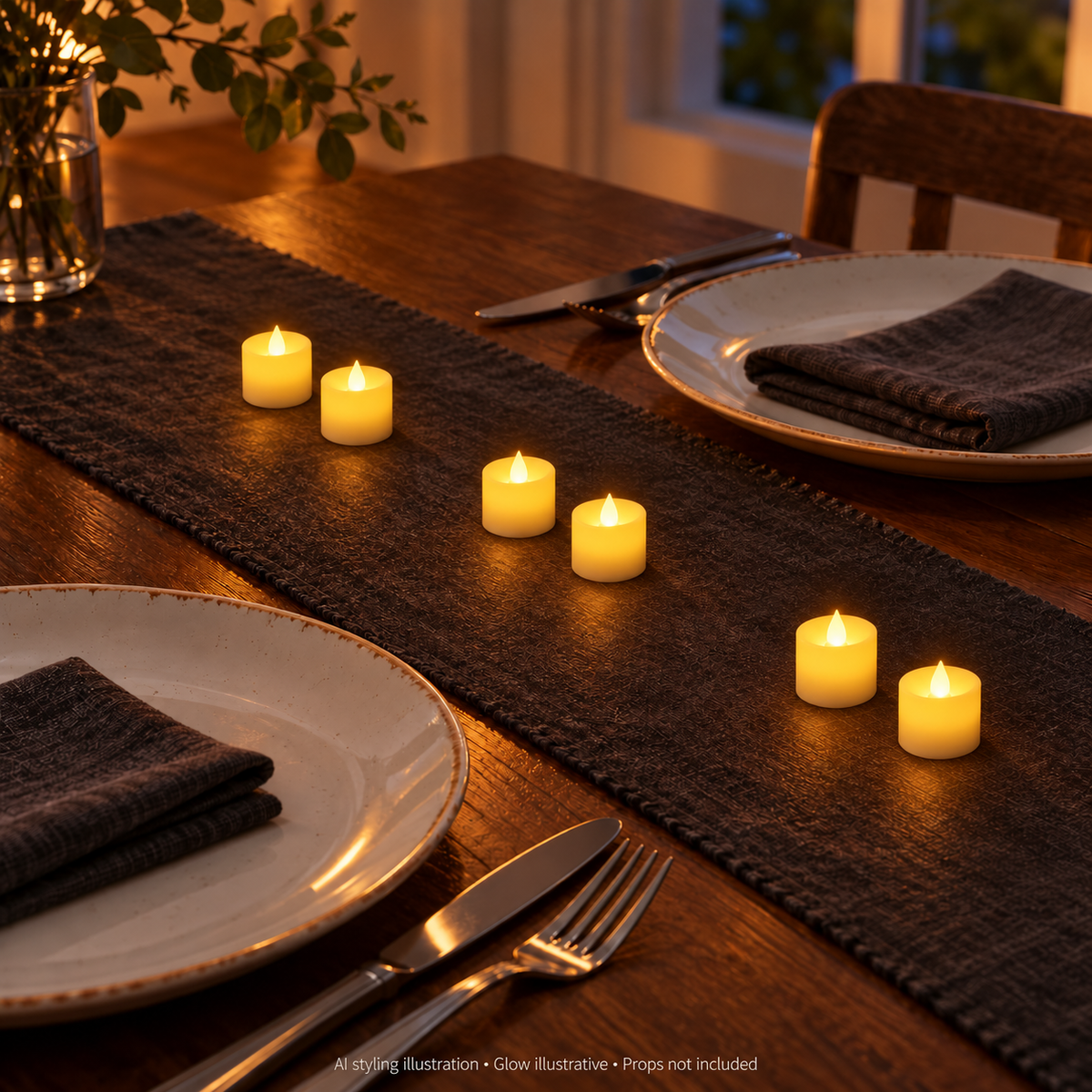 AI styling illustration of six Little Flickers LED tea lights in three pairs on a dining-table runner. Small-scale styling based on product dimensions; glow is illustrative. Tableware and other props are not included.