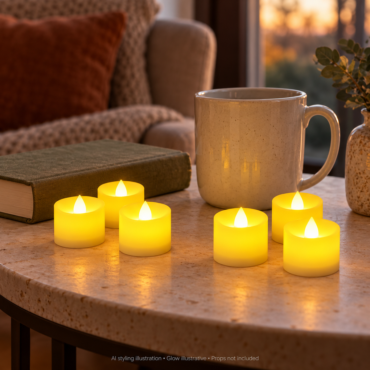 AI styling illustration of six Little Flickers LED tea lights on a reading side table beside a mug and closed book. Small-scale styling based on product dimensions; glow is illustrative. Props are not included.