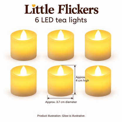 Illustrated size guide for six Little Flickers LED tea lights. Approximate height 4 cm and diameter 3.7 cm per light. Product illustration; glow is illustrative.