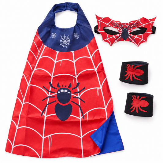 Little Web Hero on a white background. One red/blue white-web-print cape, one matching mask and two black cuffs (4 pieces total), one size. Existing product illustration.