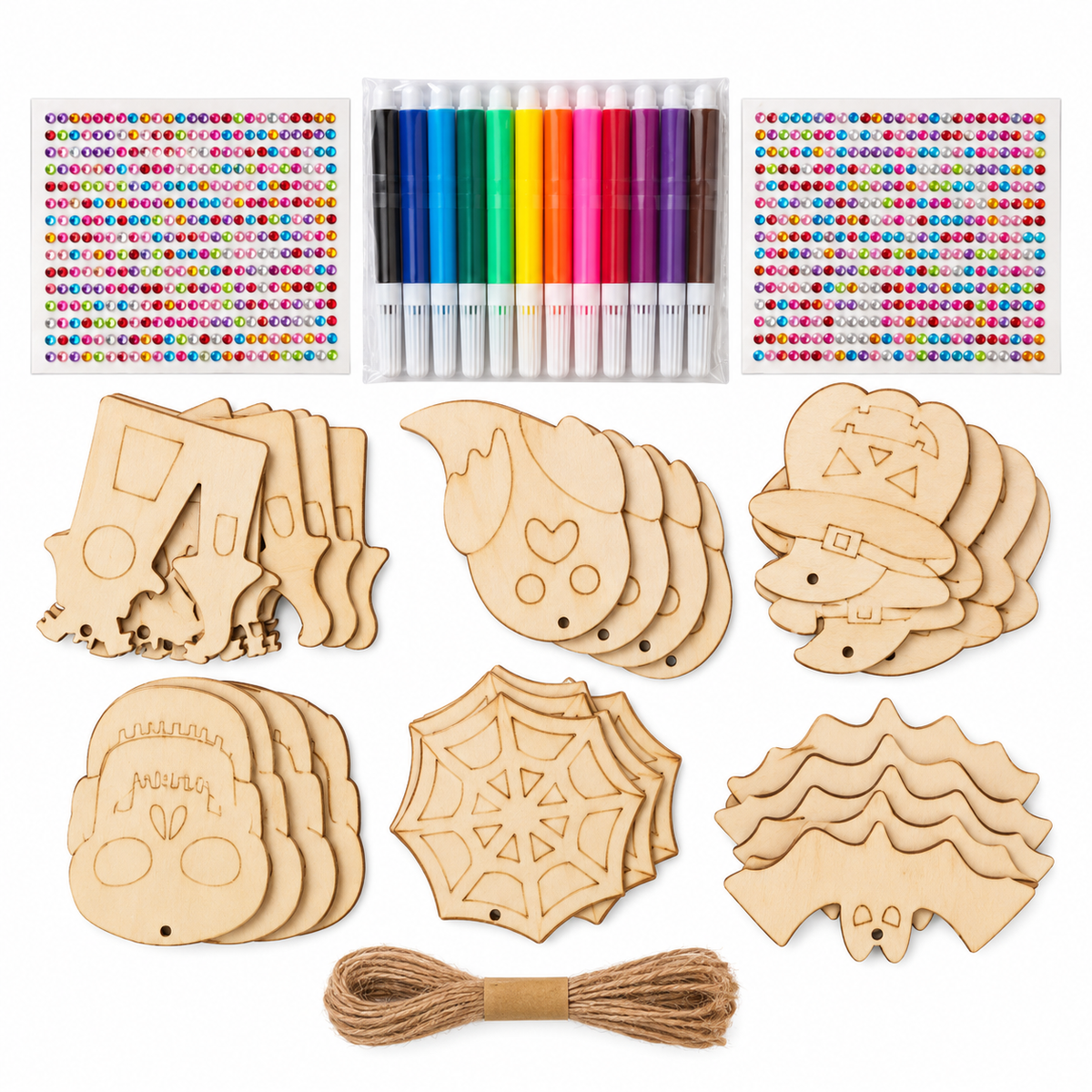 Make a Little Mischief on a white background. One KITSYKRAFT kit: 24 unfinished wooden shapes (six designs × four), 12-colour markers, two sticker sheets, one bundle of twine. Product-image background edited from source photograph; no dimensions or scene props.