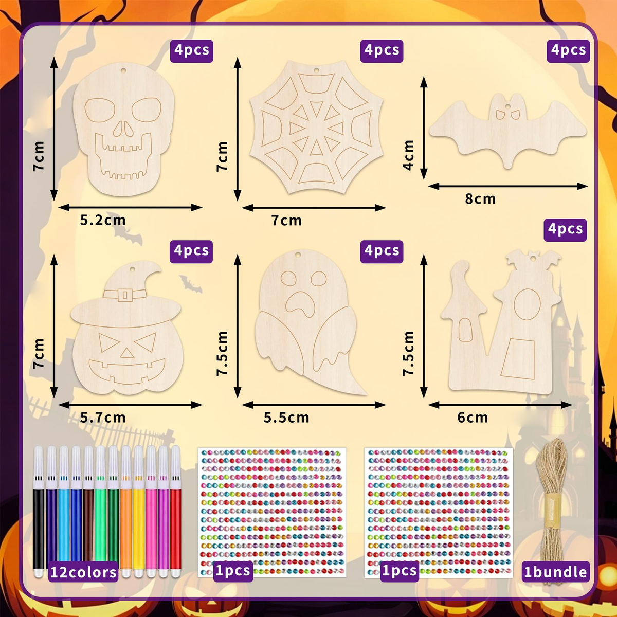 Halloween Wooden Craft Kit — 24 Shapes & Markers — quantity sold as stated in title; supplier scene may show additional pieces