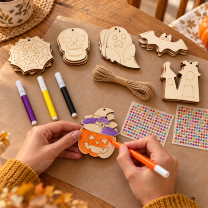 Make a Little Mischief — wooden Halloween craft kit; illustrative styled scene; background props not included