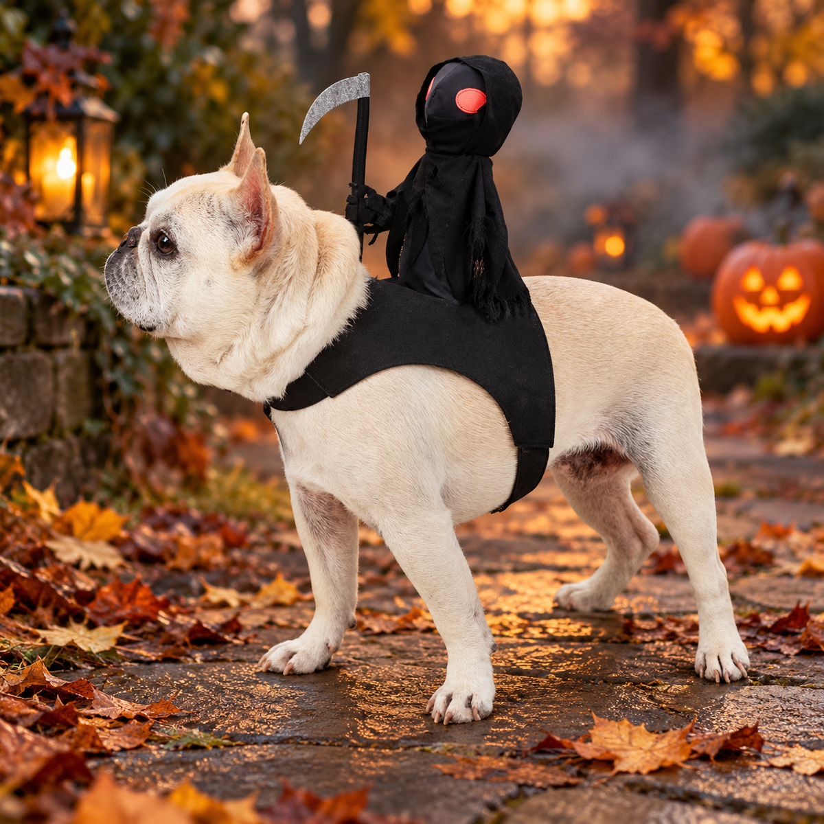 AI-styled Halloween scene based on the supplied worn reference, showing Midnight Rider's black hooded rider with red eyes and scythe on a dog. One costume supplied; pet fit and scene scale are illustrative.
