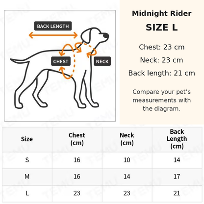 Midnight Rider size chart in centimetres. Supplied in size L: chest 23 cm, neck 23 cm and back length 21 cm.