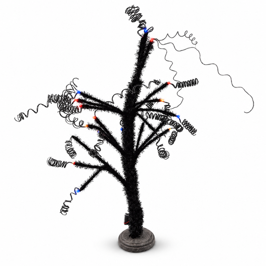 AI-edited actual product photo of Midnight Sparkle: one black glitter tree with its existing colored LEDs and round base, isolated on white.