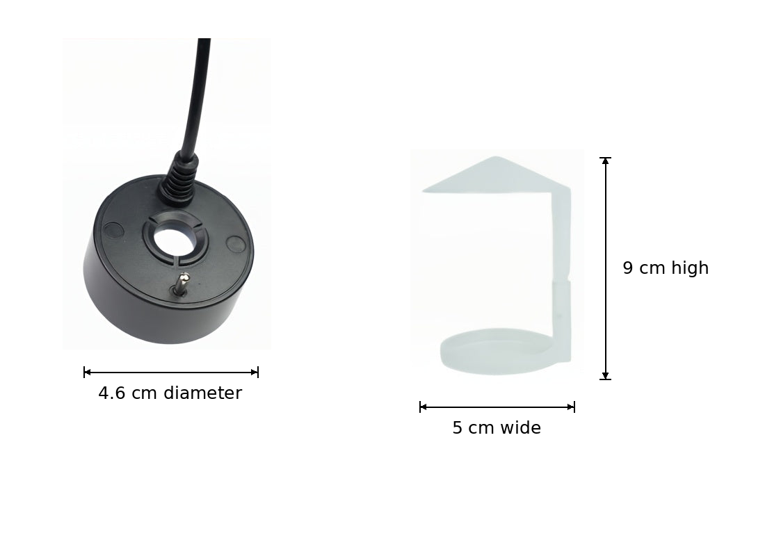 Something in the Mist hardware reference: fogger 4.6 cm diameter; splash guard 9 cm high and 5 cm wide.