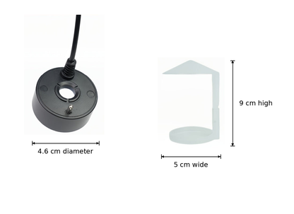Something in the Mist hardware reference: fogger 4.6 cm diameter; splash guard 9 cm high and 5 cm wide.