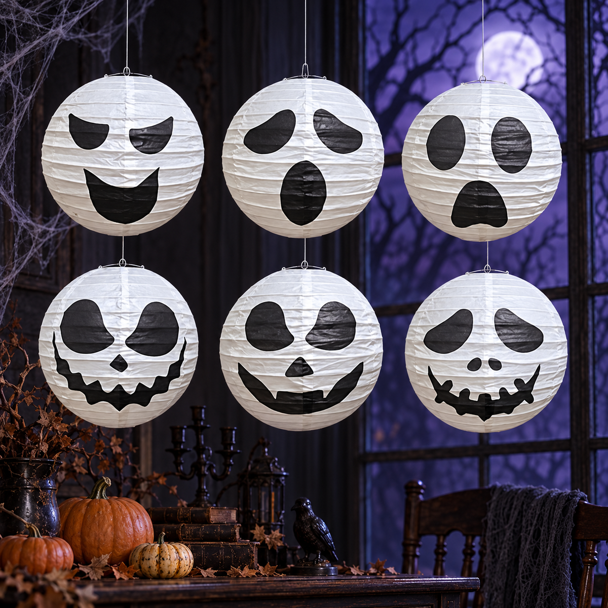 AI-styled scene showing six distinct unlit The Night Lights paper lanterns. No lights, bulbs or batteries are included; background decorations and hanging location are not included.