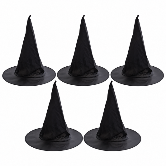 Off the Hook on a white background. Five black unlit witch hats; no lights. Product-image background edited from source photograph; no dimensions or scene props.