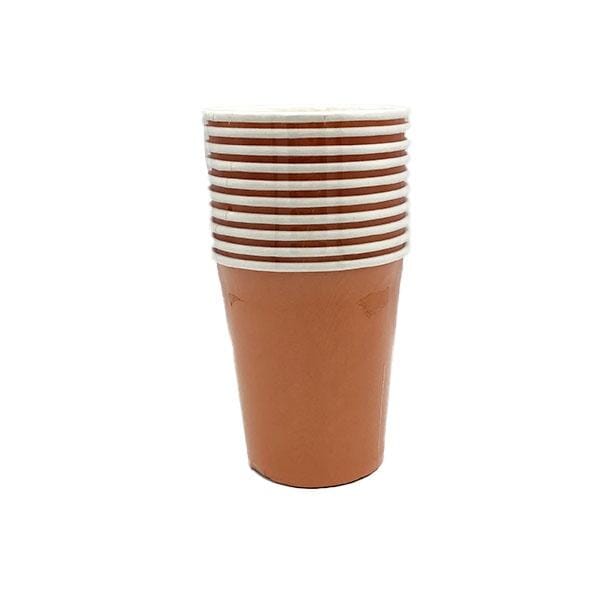 Ten plain orange paper party cups