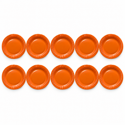Ten plain orange fluted paper plates on white, arranged in two rows of five.