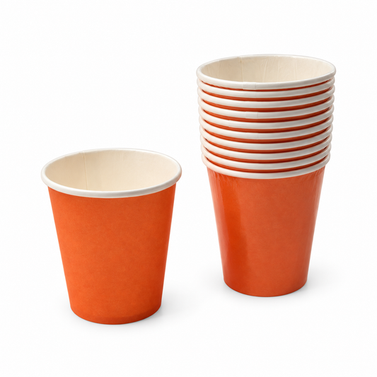 Pumpkin Punch: ten orange paper cups, one beside a stack of nine, on white; edited from the actual product photograph.
