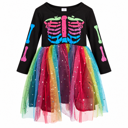 Rainbow After Dark on a white background. One black rainbow-skull mesh dress, size 4Y. Product-image background edited from source photograph; no dimensions or scene props.
