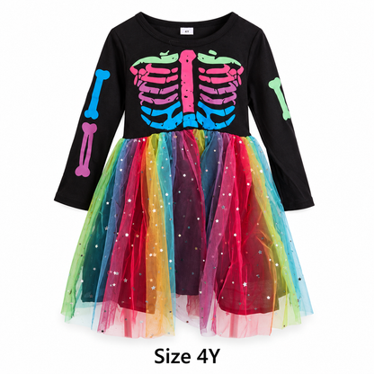 Rainbow After Dark — rainbow-skull mesh dress in size 4Y; product-only view