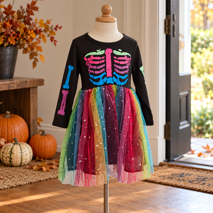 Rainbow After Dark — rainbow-skull mesh dress in size 4Y; illustrative styled product scene; background props not included