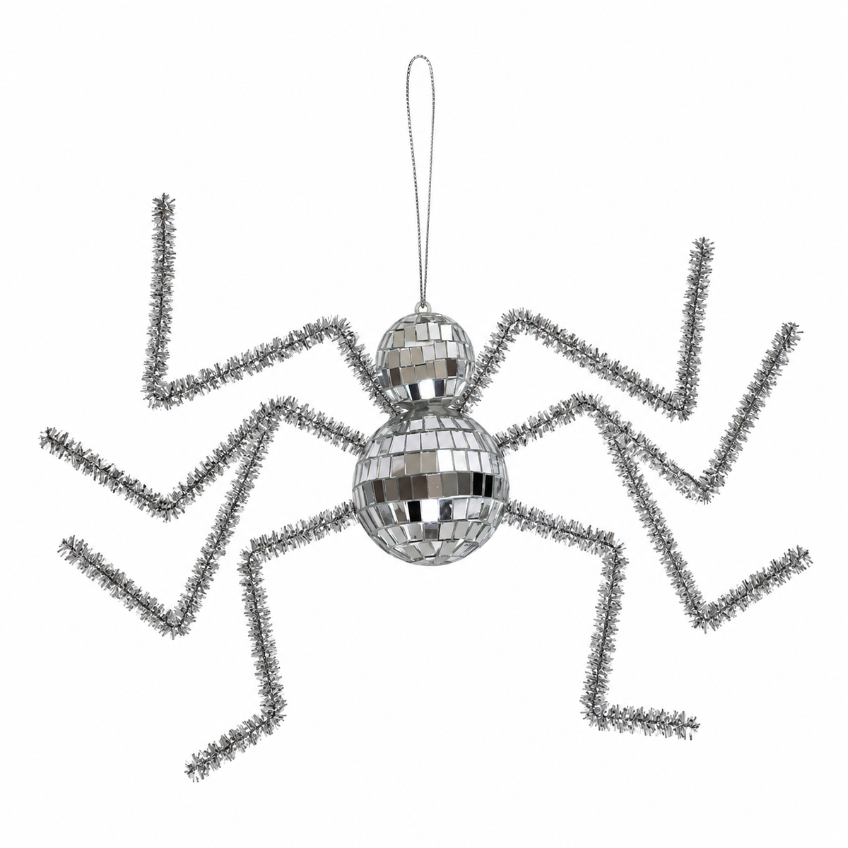 Silver Disco Spider Decoration — Single on a white background. One silver mirror-mosaic spider; default Large (20 × 8 cm); Small is a separate variant. Product-image background edited from source photograph; no dimensions or scene props.