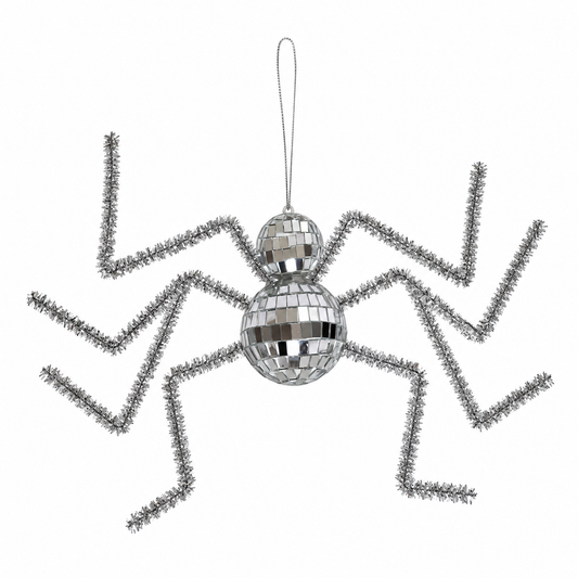 Silver Disco Spider Decoration — Single on a white background. One silver mirror-mosaic spider; default Large (20 × 8 cm); Small is a separate variant. Product-image background edited from source photograph; no dimensions or scene props.