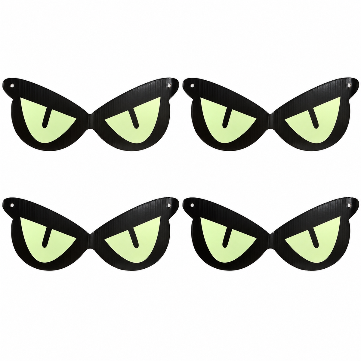 Four flat fluorescent eye decorations on white, with corrugated backing and no added glow.