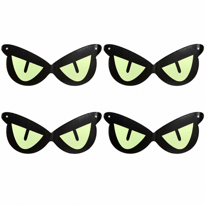 Four flat fluorescent eye decorations on white, with corrugated backing and no added glow.