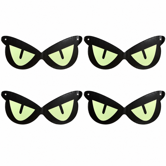 Four flat fluorescent eye decorations on white, with corrugated backing and no added glow.