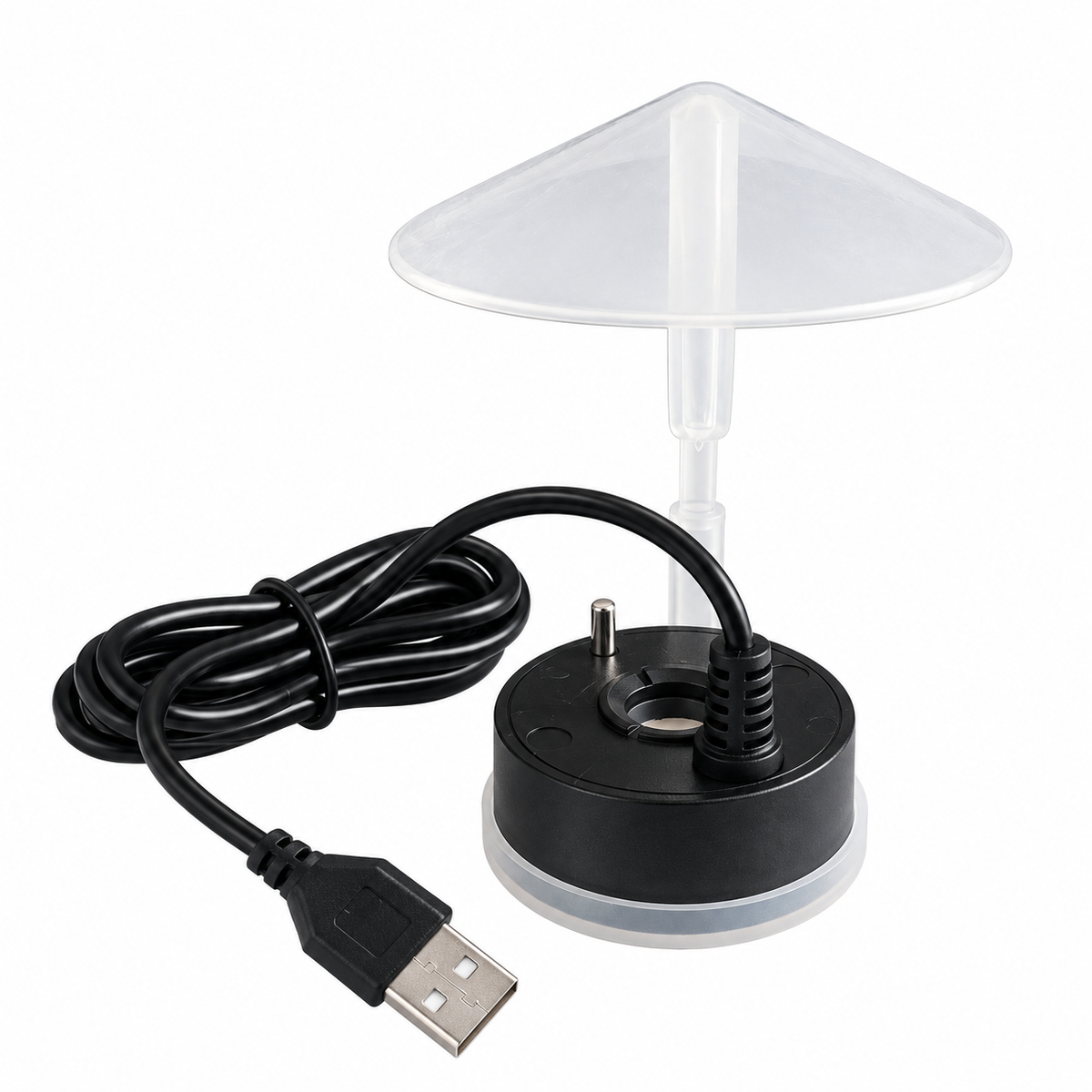 Something in the Mist on a white background. One ULTRAFISH USB fogger with integral cable plus one splash-guard/umbrella stand; adapter and water vessel excluded. Product-image background edited from source photograph; no dimensions or scene props.