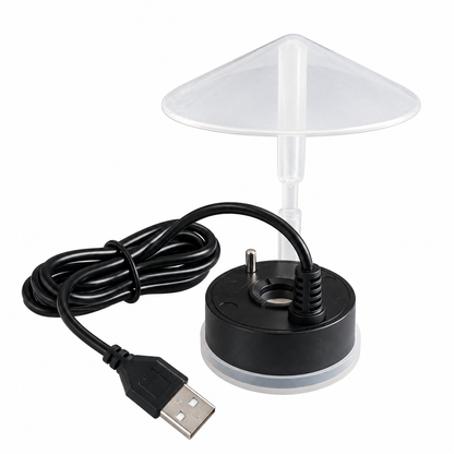 Something in the Mist on a white background. One ULTRAFISH USB fogger with integral cable plus one splash-guard/umbrella stand; adapter and water vessel excluded. Product-image background edited from source photograph; no dimensions or scene props.