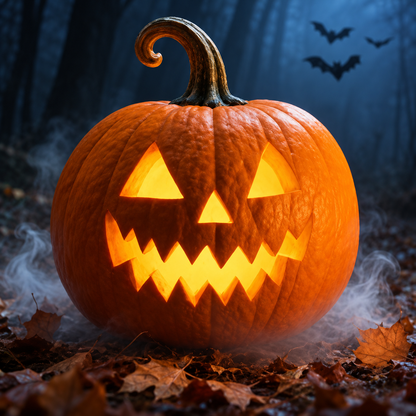 Illustrative Halloween pumpkin-and-mist styling scene for Something in the Mist. The listing supplies one USB mist maker and splash guard; pumpkin, lighting and other props are not included. Mist appearance is illustrative.