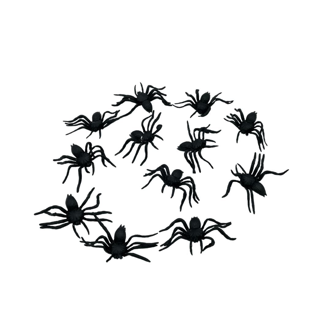 Twelve small Halloween spiders in a mesh bag