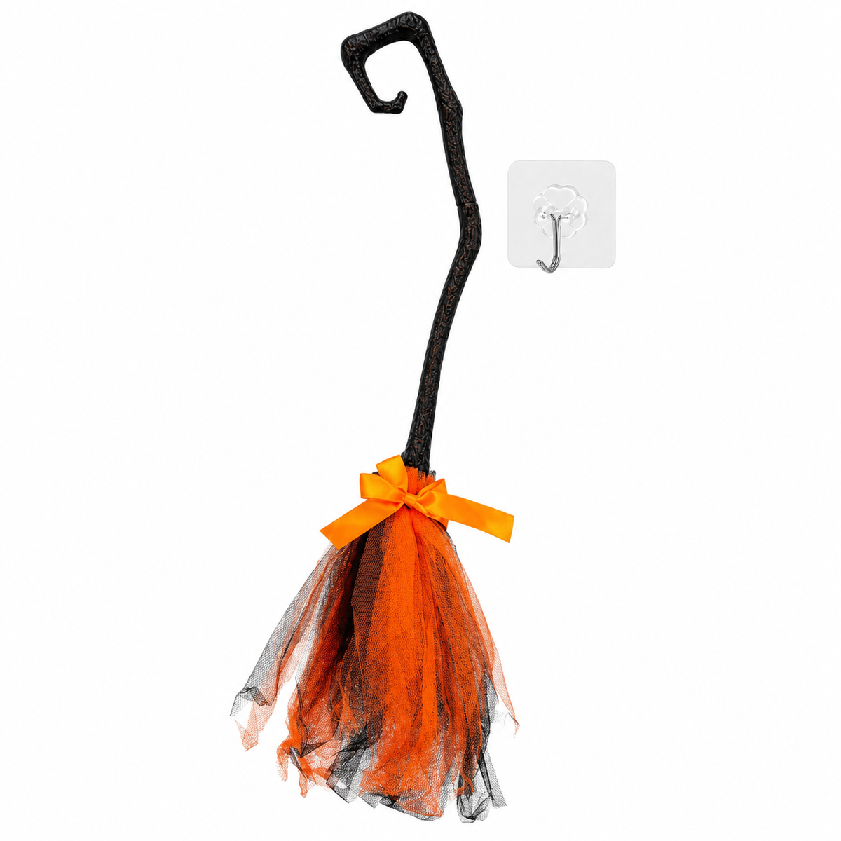 Sweep Me Away on a white background. One 88 cm broom plus one separate clear adhesive hook; orange is photographed random-colour example. Product-image background edited from source photograph; no dimensions or scene props.