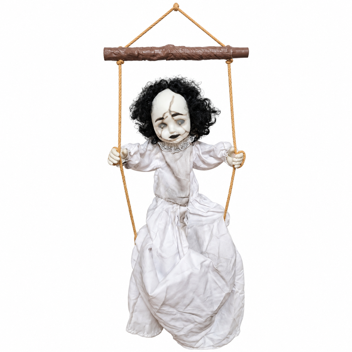 Swing by After Dark on a white background. One haunted swing-girl decoration with hanging crossbar and ropes, white dress and light-up eyes. Product-image background edited from source photograph; no dimensions or scene props.