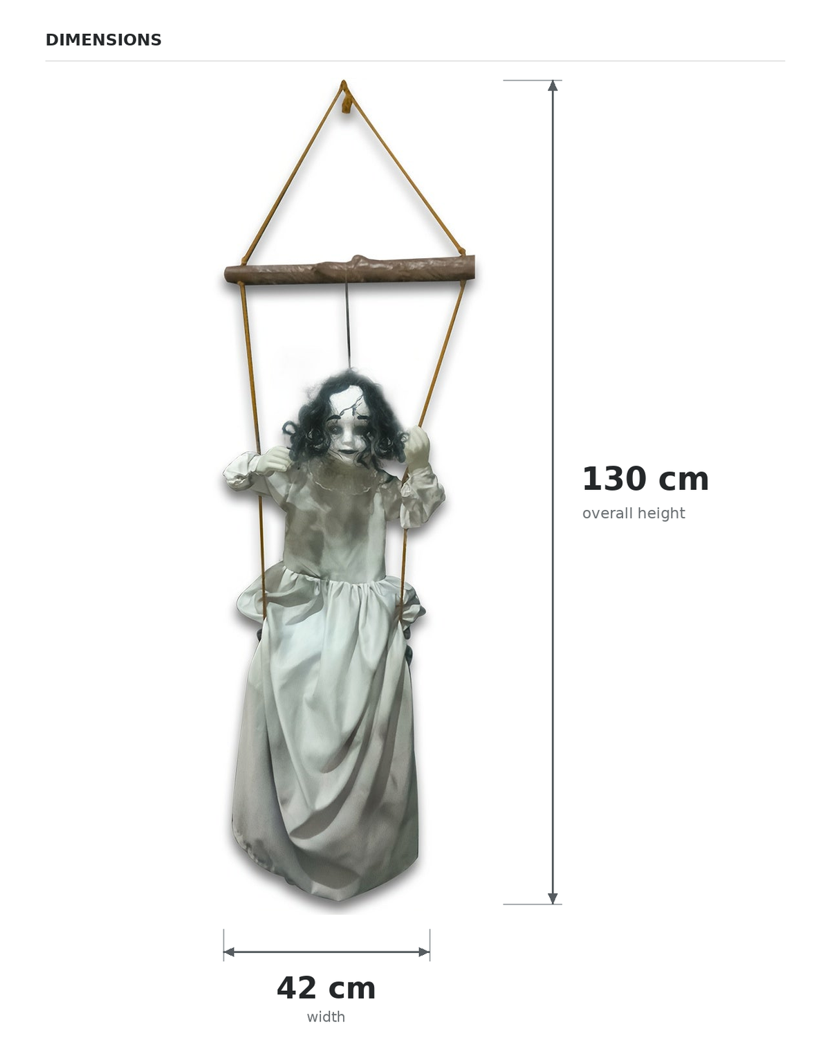 Swing by After Dark measurement guide: 130 cm overall height and 42 cm width. Product view preserved; metric labels and arrows clarified.